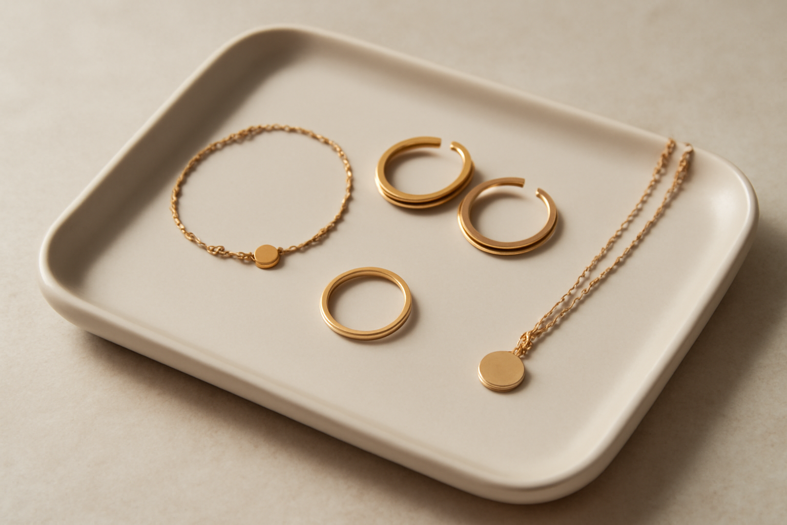 petits bijoux posés sur un plateau minimaliste