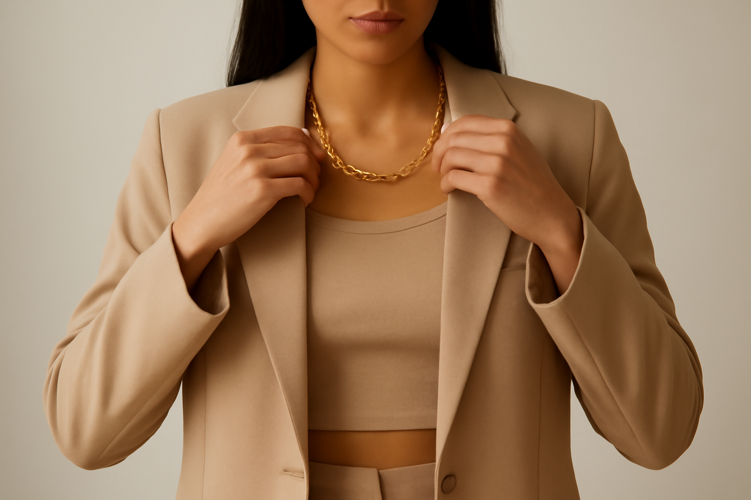 personne ajoutant collier à tenue monochrome