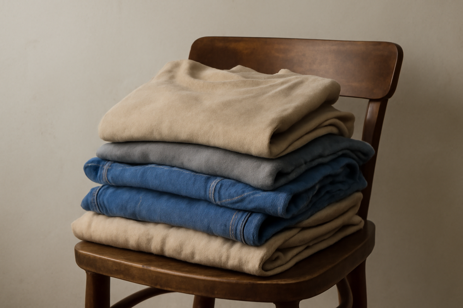 paire de vêtements entassée sur une chaise