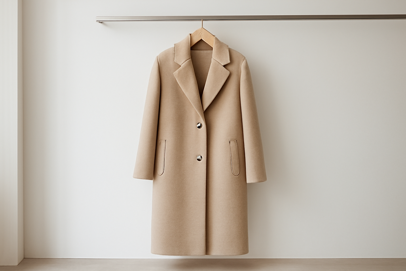manteau long suspendu dans boutique neutre