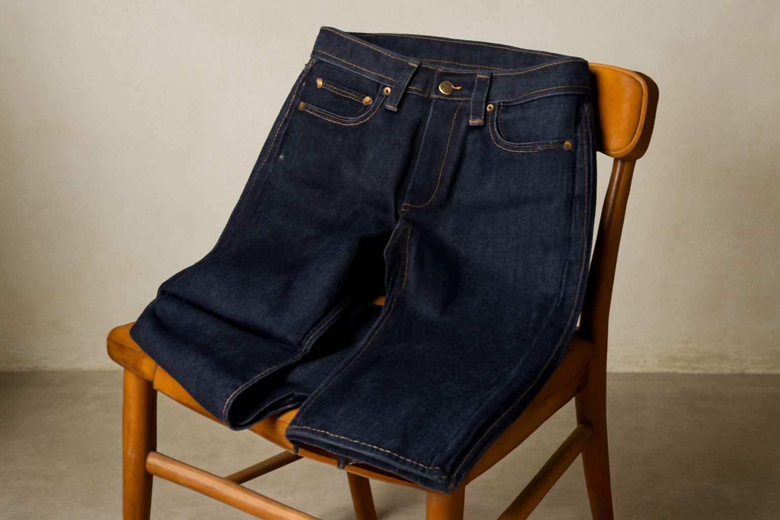 paire de jeans brut posée sur chaise