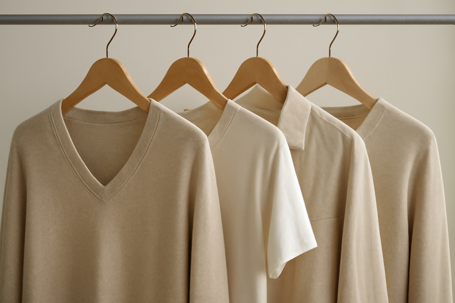 cintres avec quelques vêtements neutres alignés