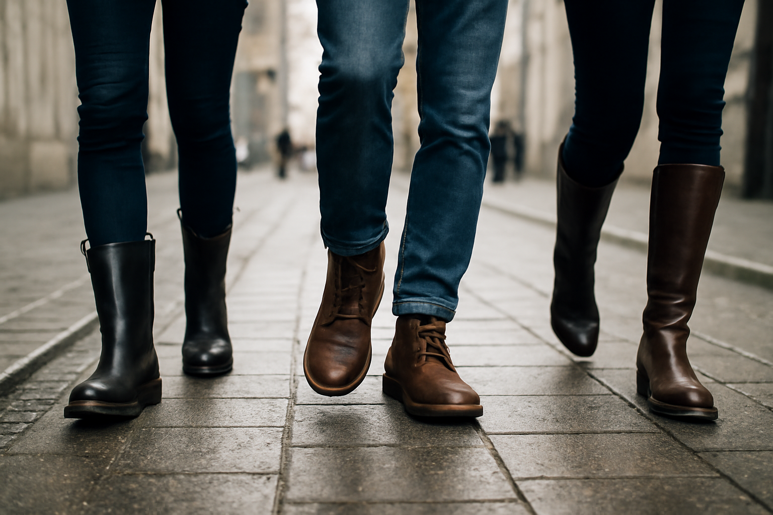 personnes marchant en bottes sur sentier urbain