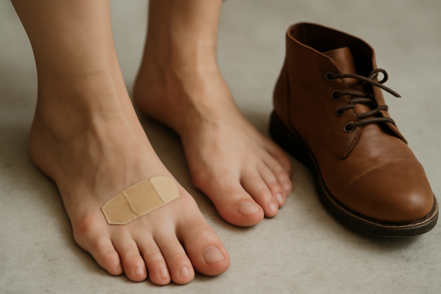 pieds avec pansement près d'une paire de bottines