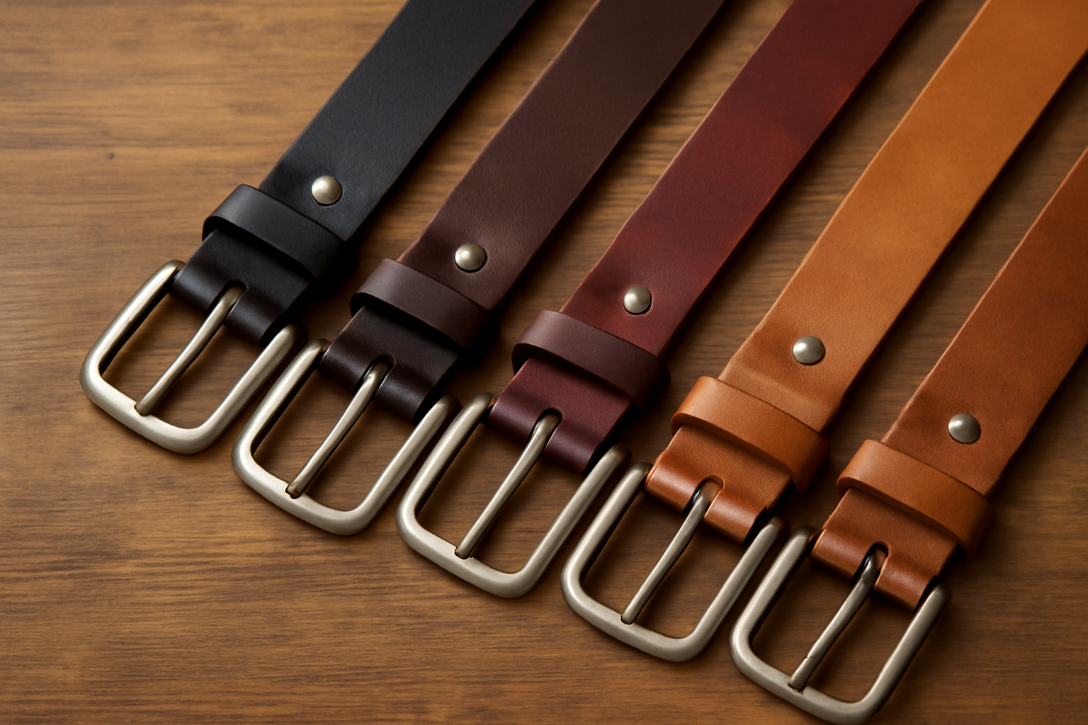 ceintures disposées sur table en bois