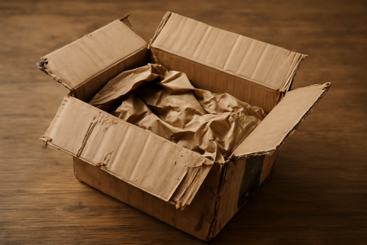 colis ouvert sur une table avec emballage abîmé