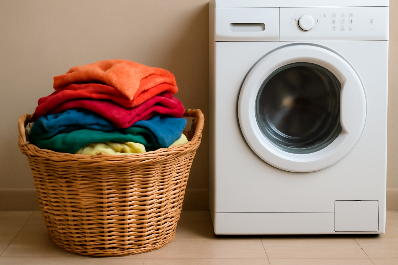 panière de linge coloré à côté d'une machine