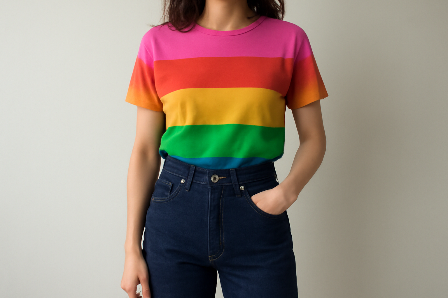 personne portant jean brut avec hauts colorés