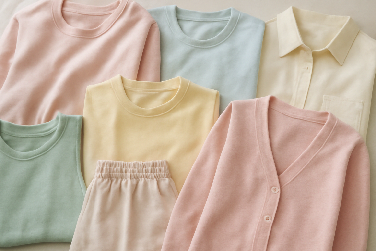 palette de vêtements aux tons pastel étalée