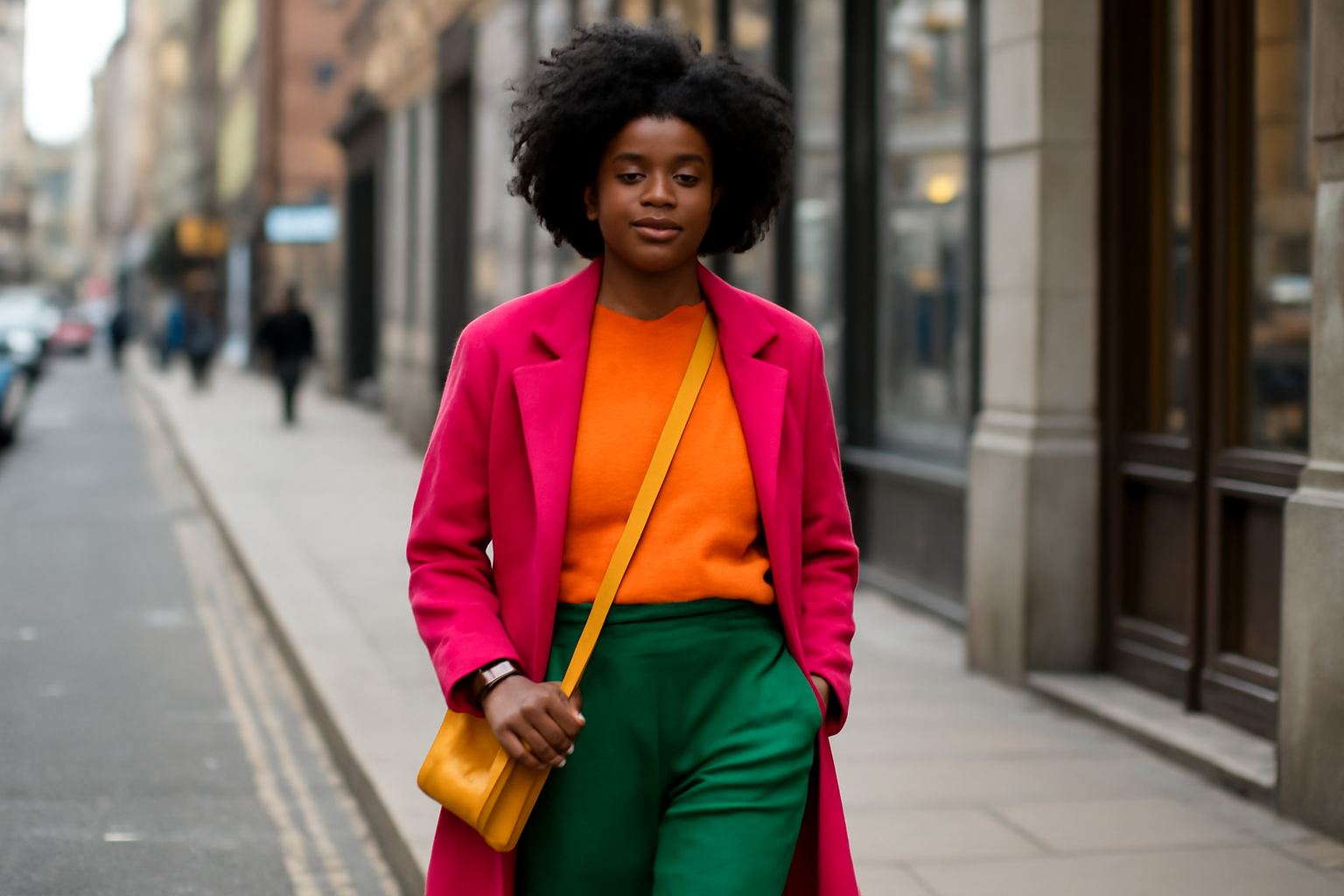 personne marchant en tenue colorée en ville
