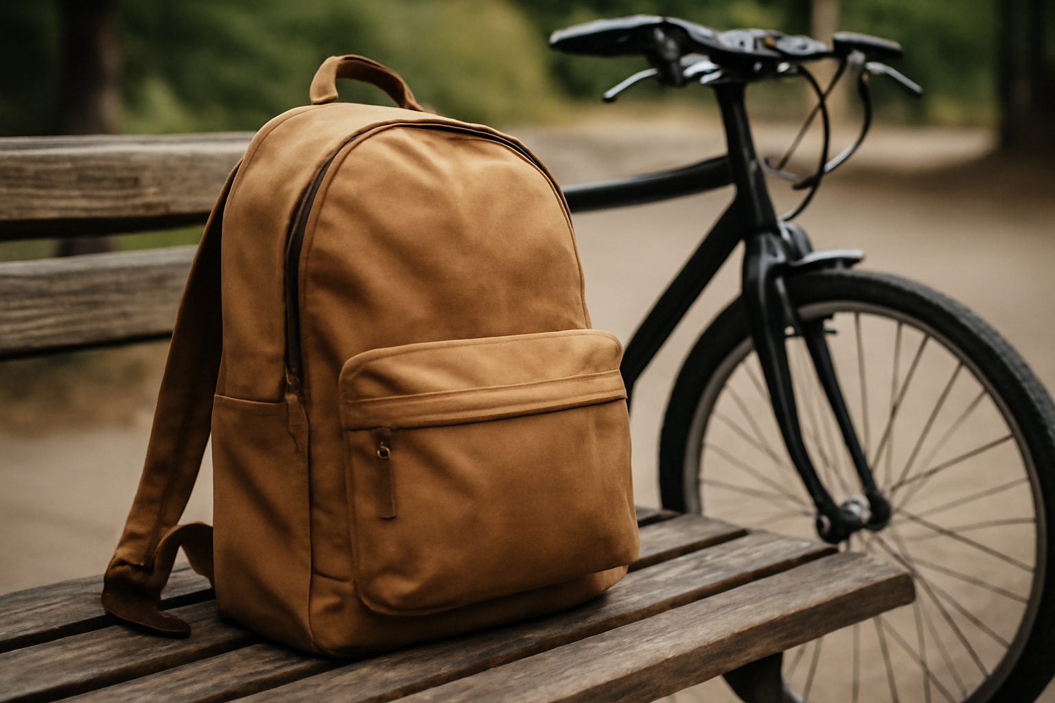 sac posé sur banc devant vélo