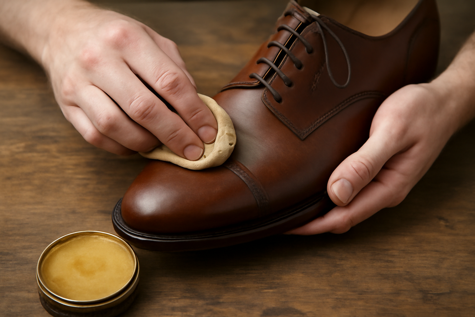 mains appliquant cire sur chaussure en cuir