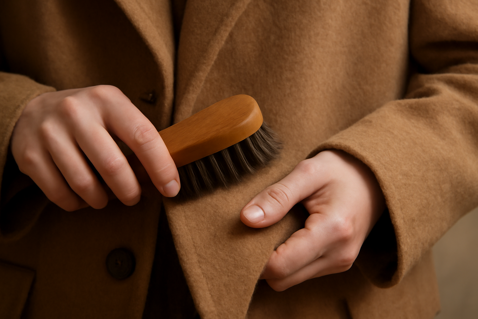 mains brossant un manteau en laine