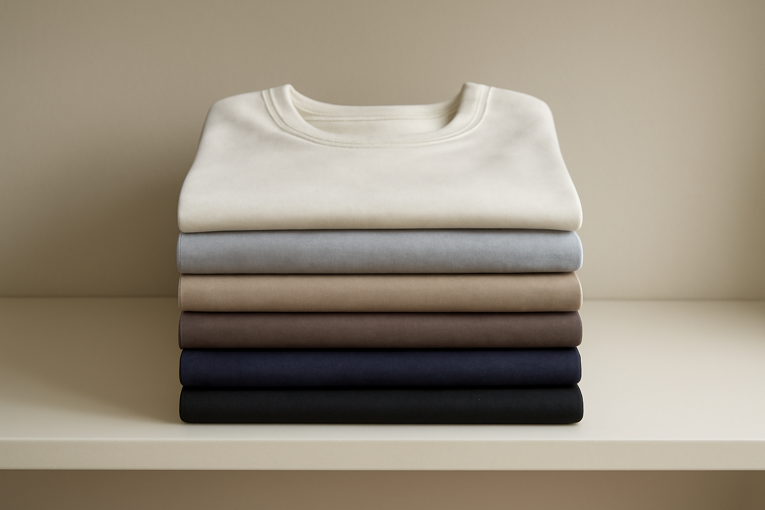 t-shirts basiques empilés sur étagère neutre