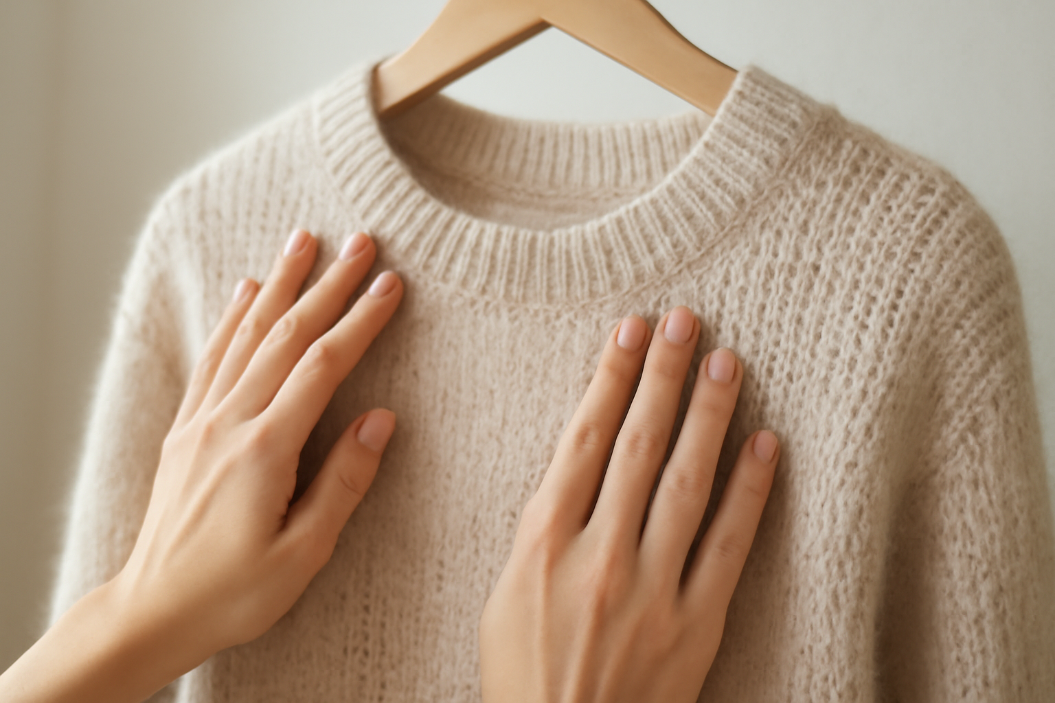 mains touchant une maille douce sur cintre