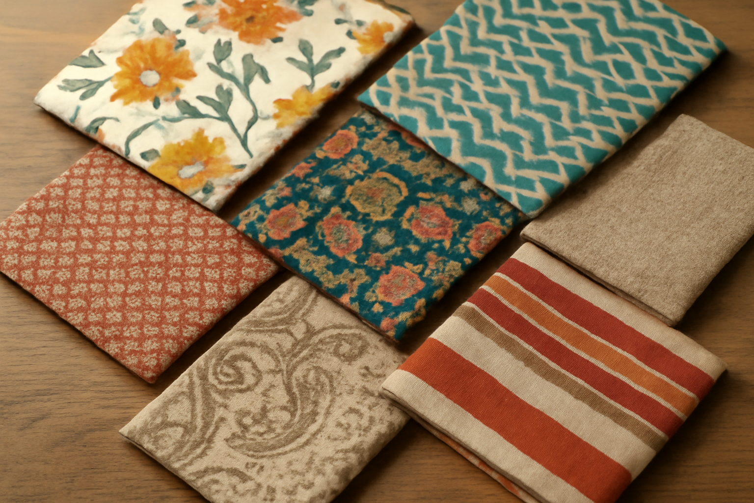 échantillons tissus imprimés posés sur table
