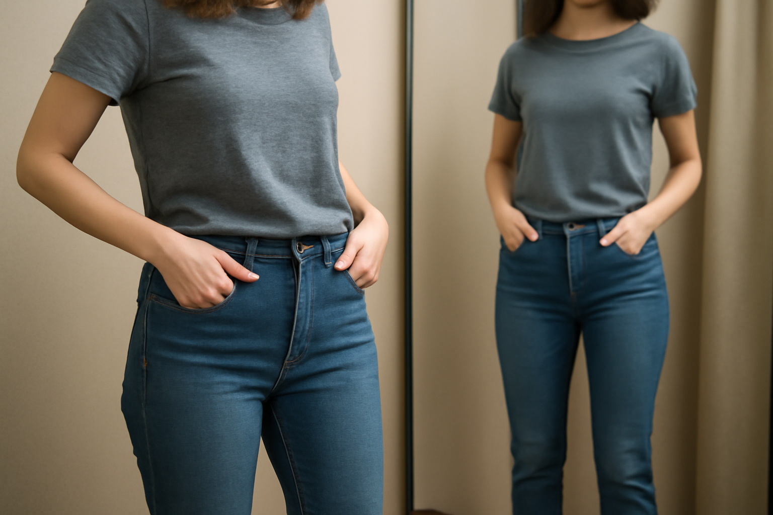 personne essayant un jean devant miroir