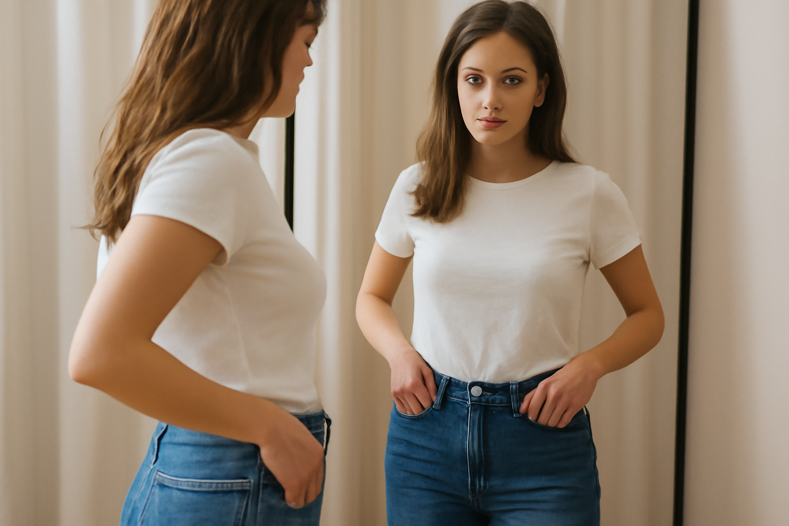 femme essayant un jean devant un miroir