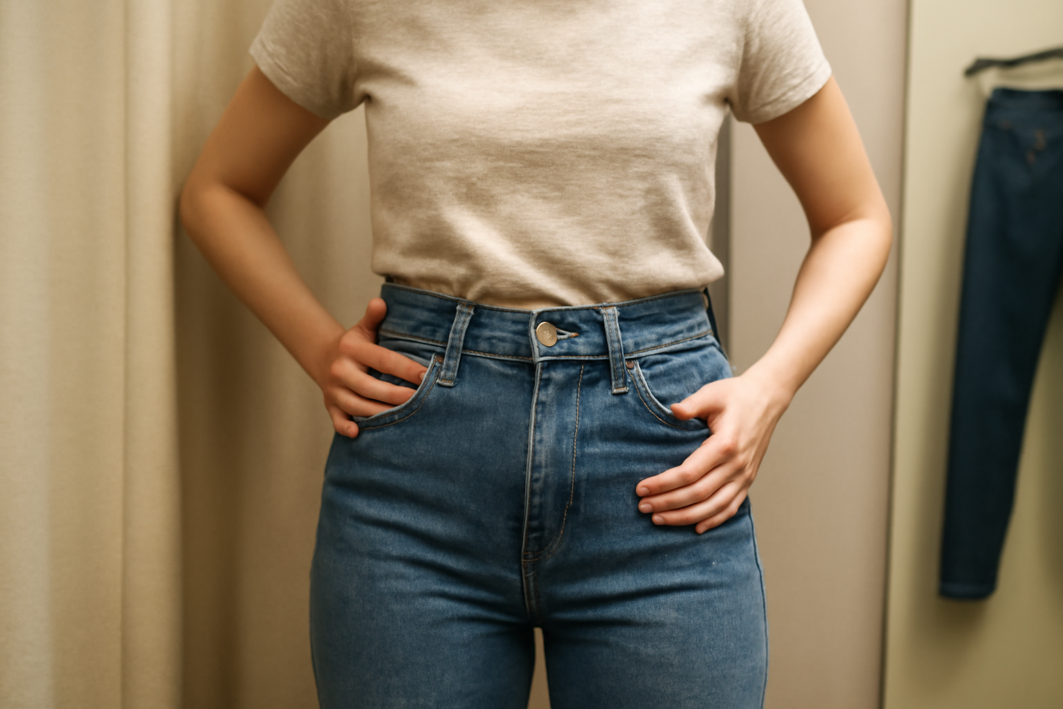 personne essayant un jean taille haute