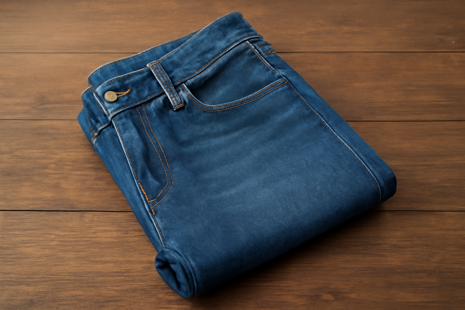 jeans pliés sur une table en bois