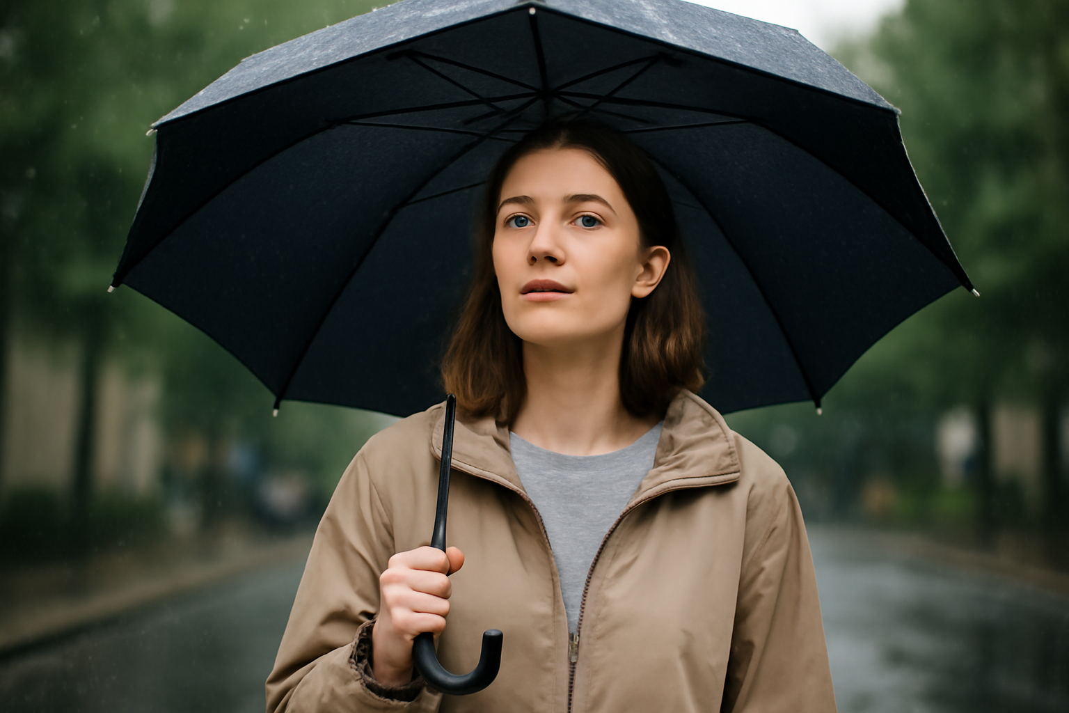 personne sous parapluie avec veste légère