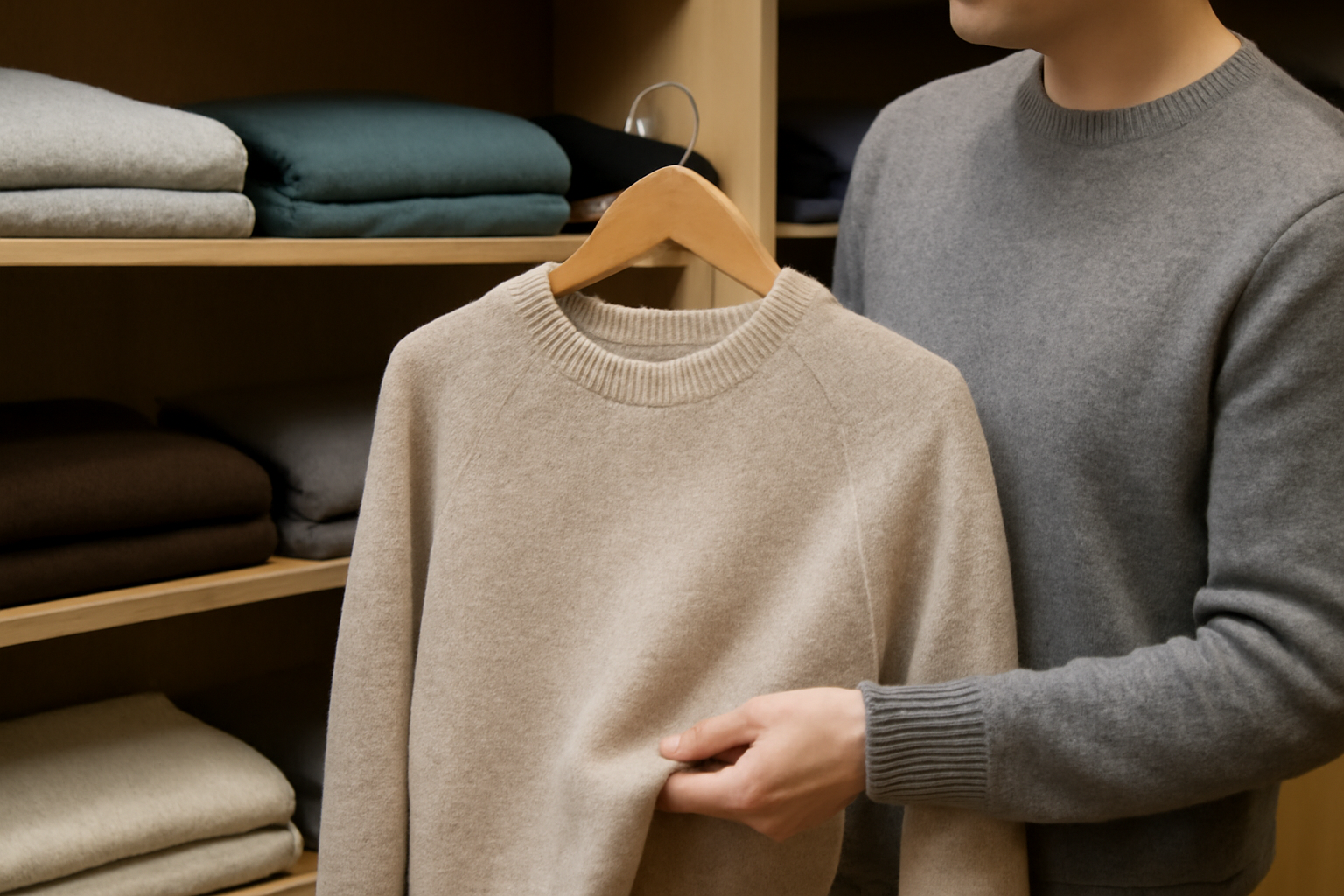 personne choisissant un pull sur une étagère