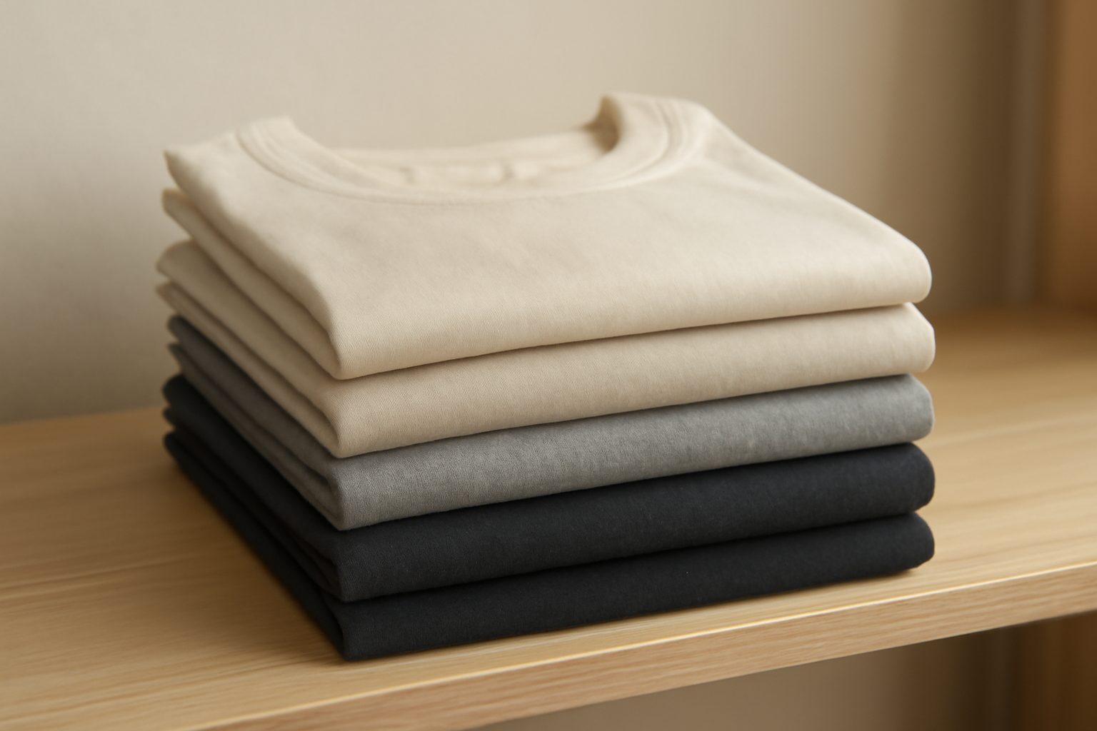pile de t-shirts neutres pliés sur étagère