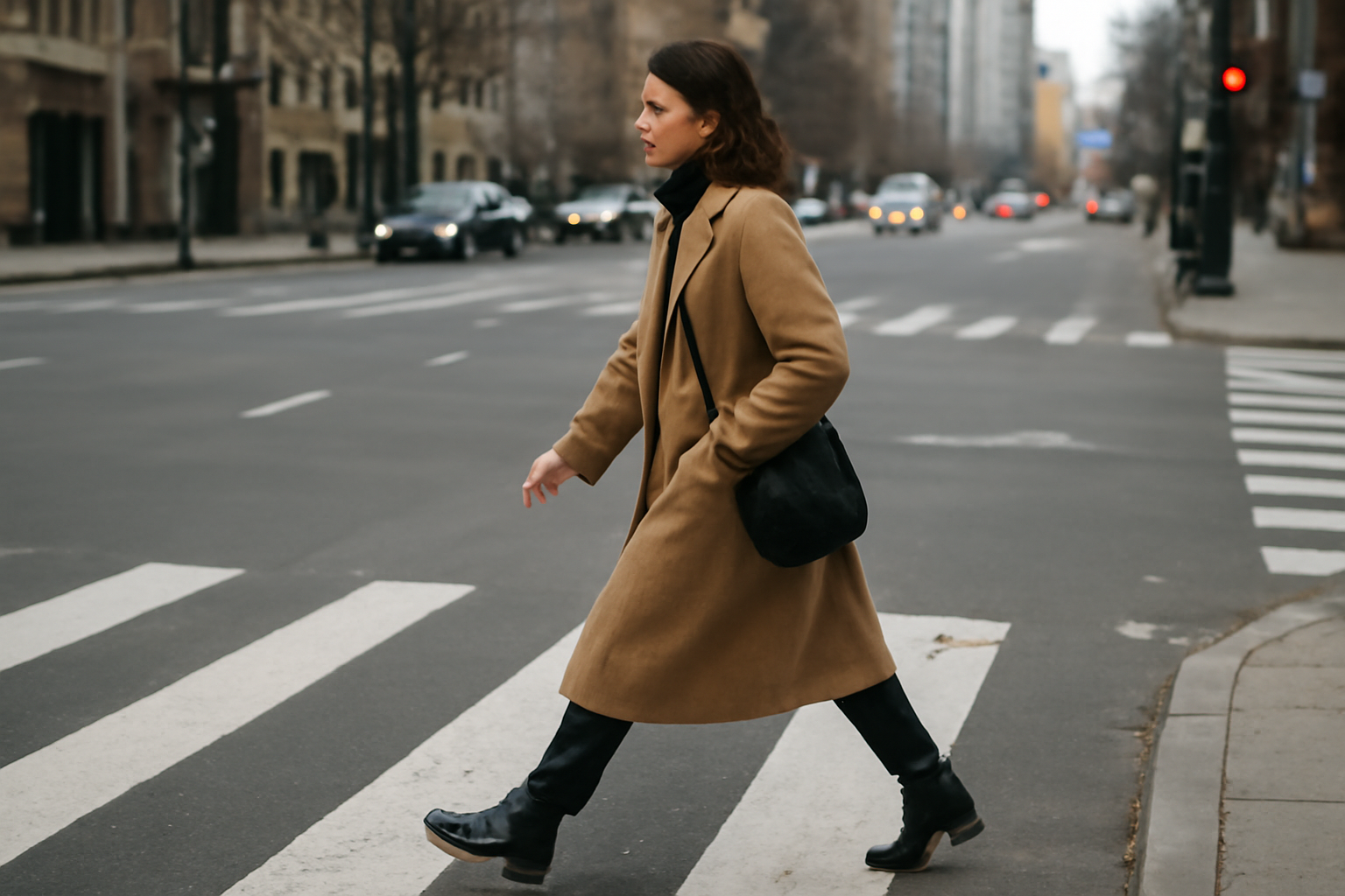 personne traversant la rue en manteau long