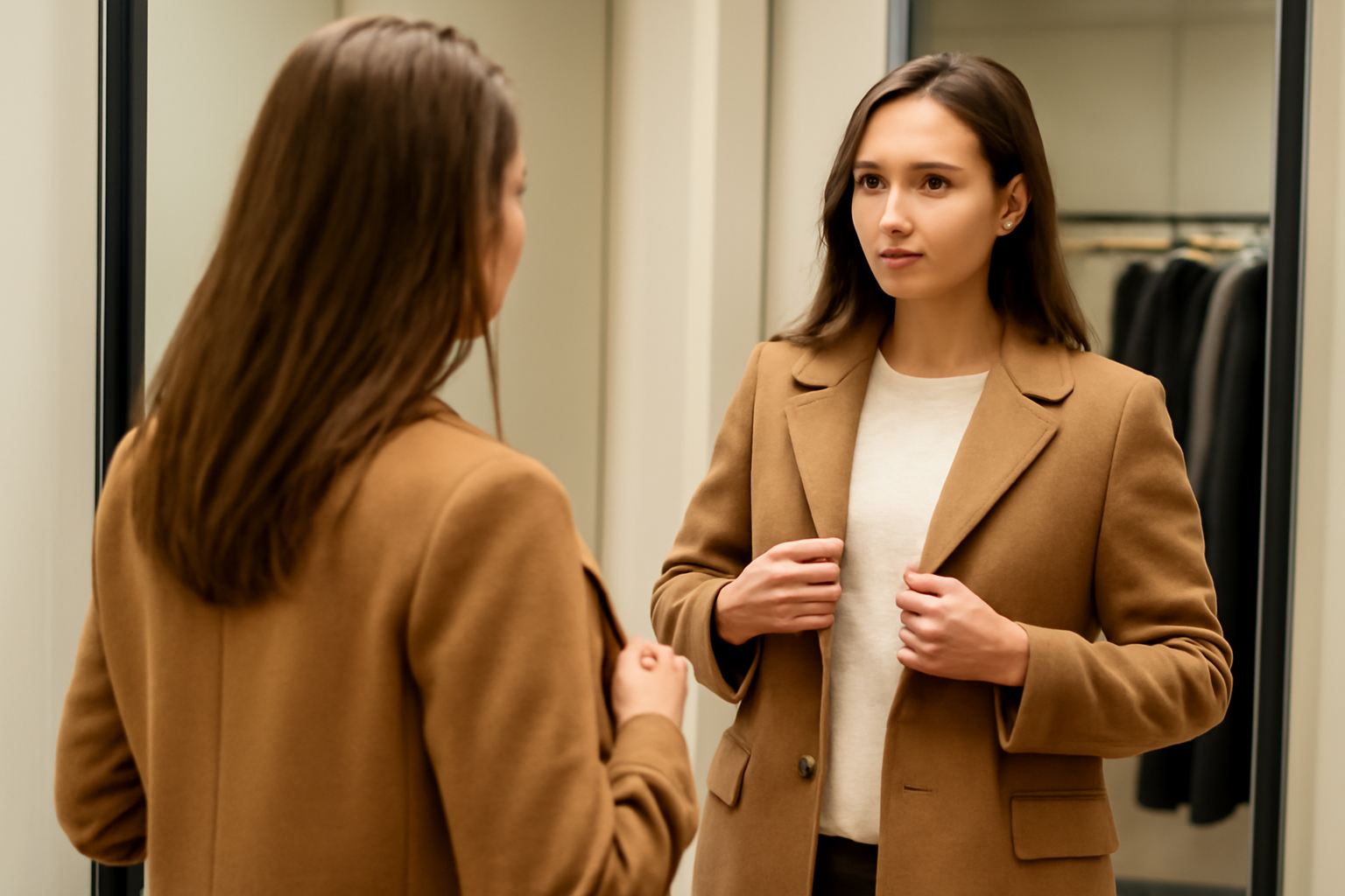 femme essayant manteau devant miroir