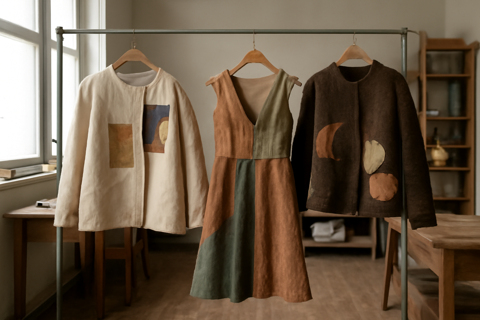 vêtements créatifs suspendus dans un atelier