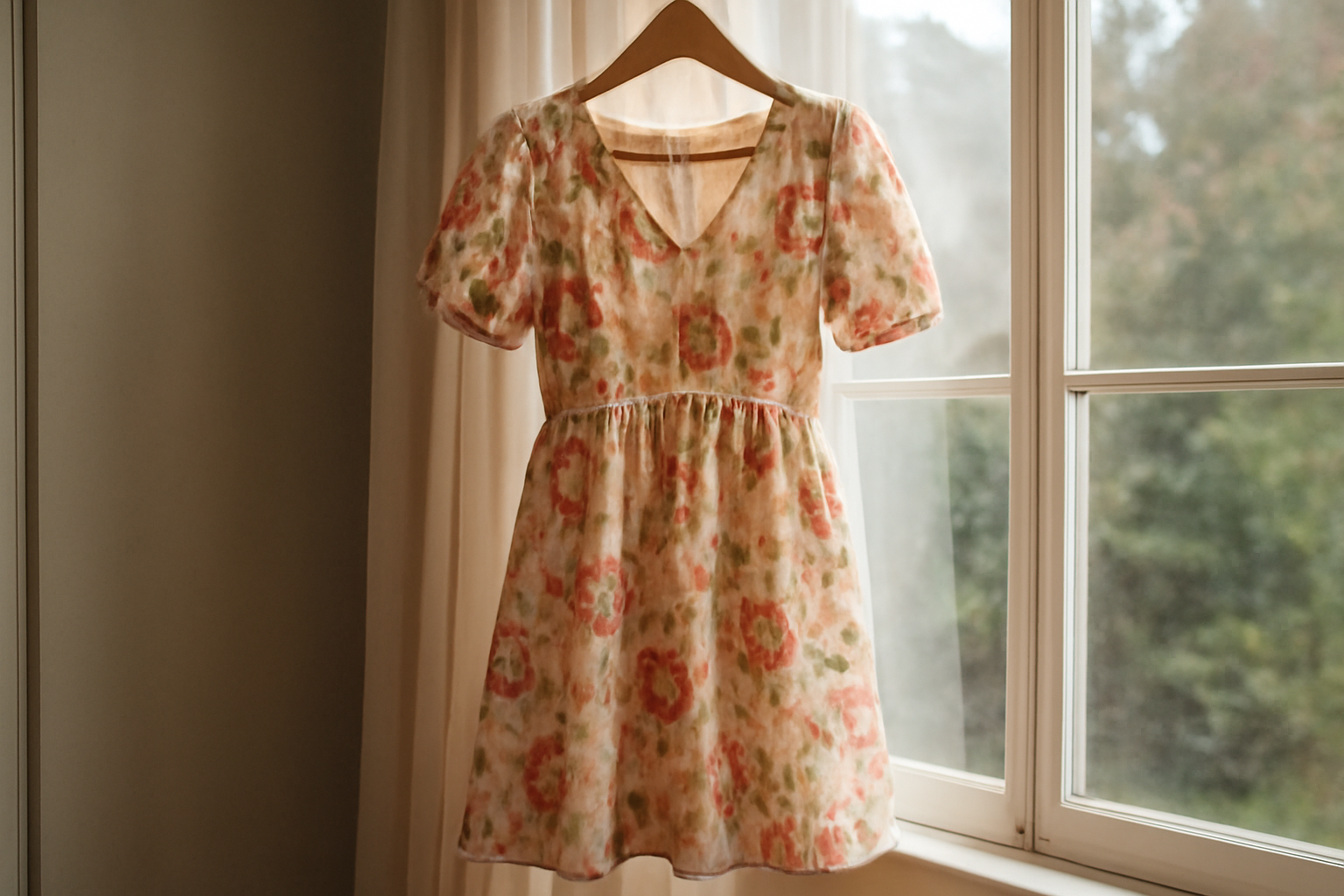 robe à fleurs suspendue près d'une fenêtre
