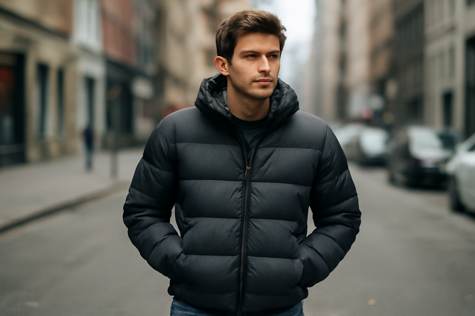 personne portant une doudoune en ville