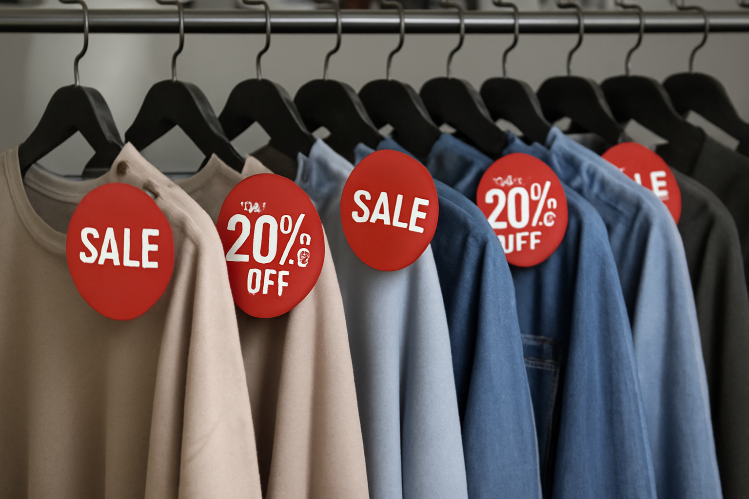 rangée de vêtements avec étiquettes promotionnelles