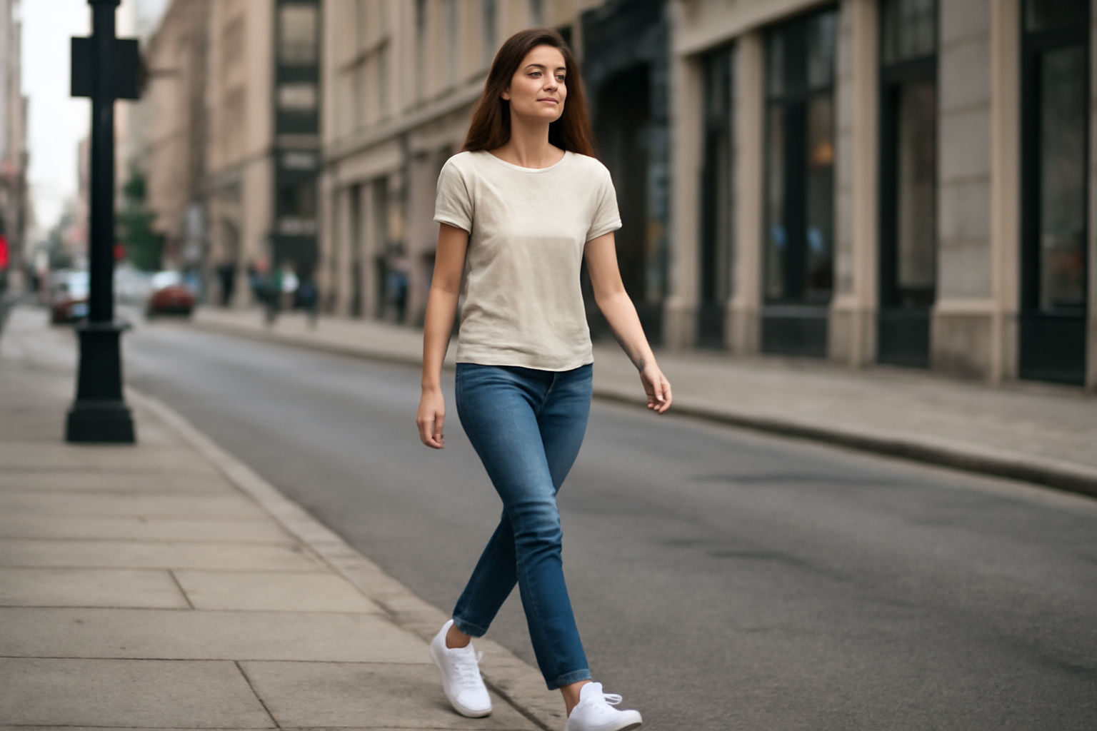 femme marchant en baskets blanches en ville