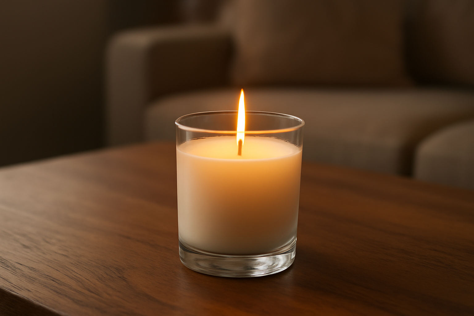 bougie parfumée allumée sur table basse