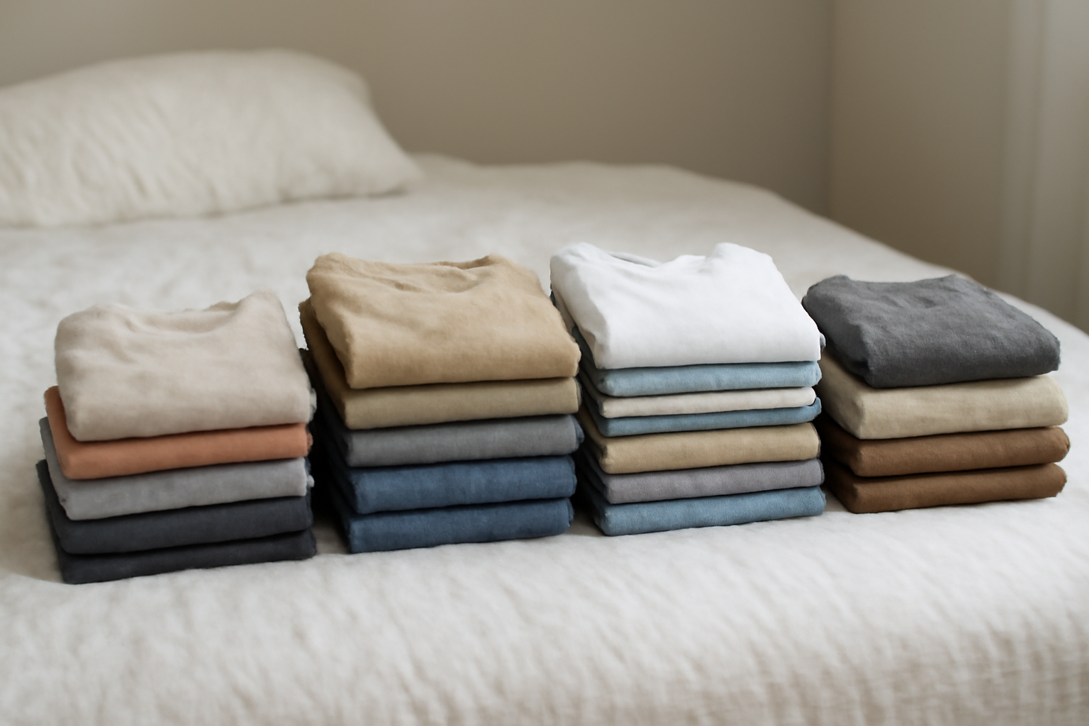 piles de vêtements triés sur un lit