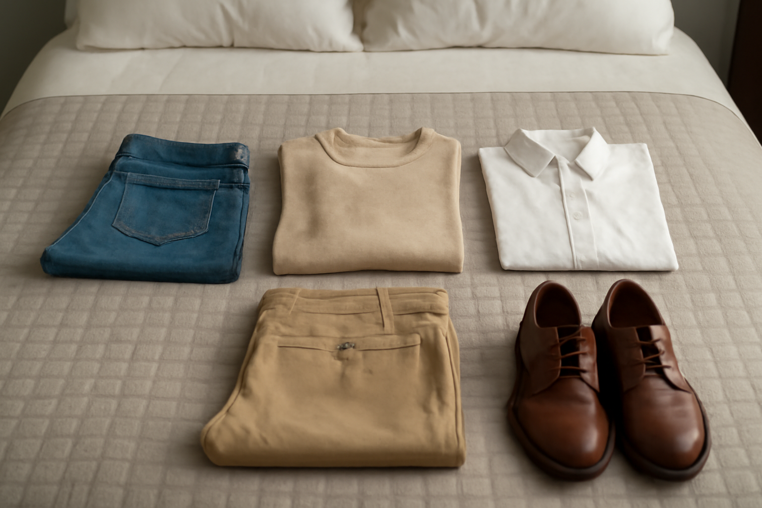 différentes pièces posées sur lit organisé