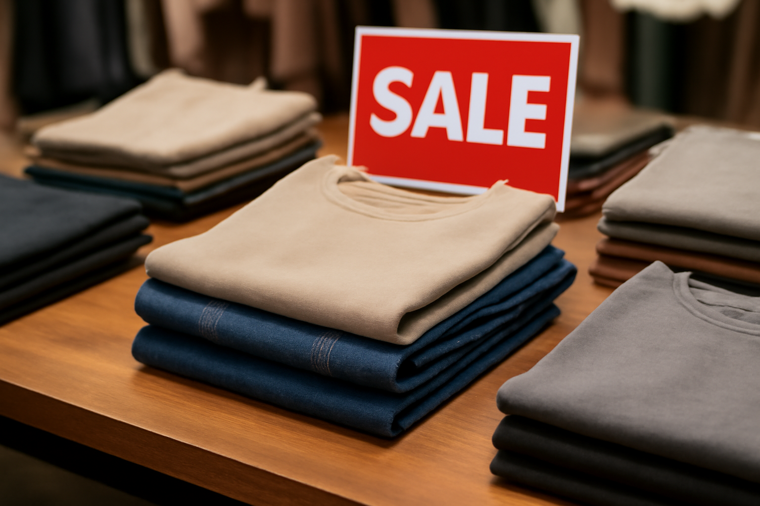 vêtements pliés sur table pendant soldes