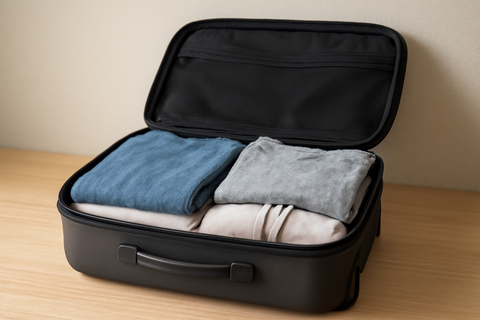 valise compacte avec quelques vêtements pliés