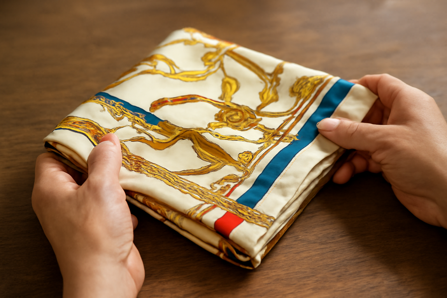 main pliant un foulard en soie