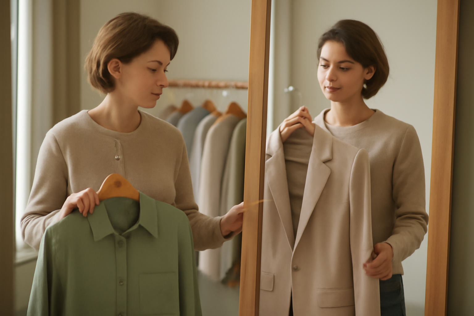 personne choisissant vetements devant miroir