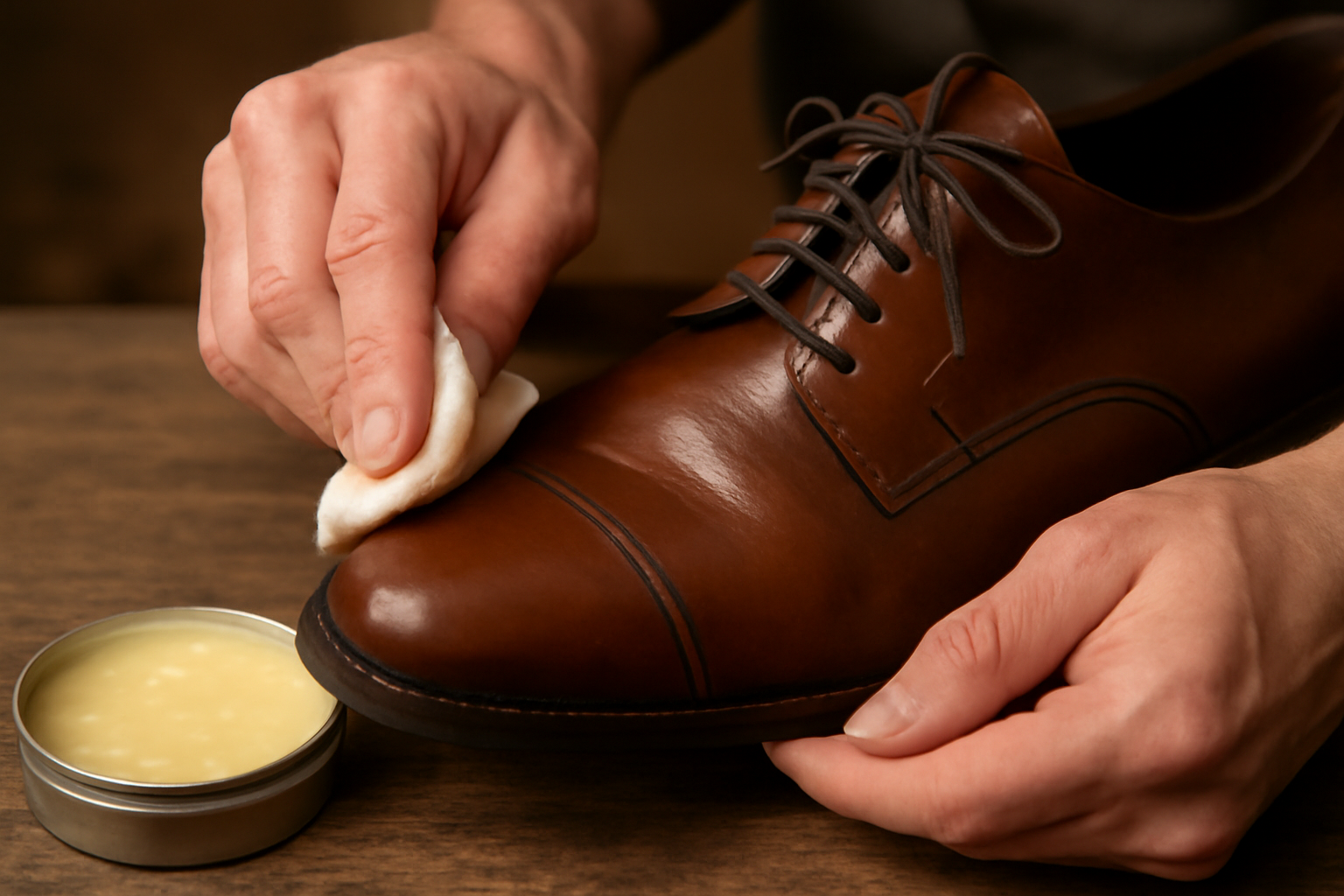 mains appliquant cire naturelle sur chaussures