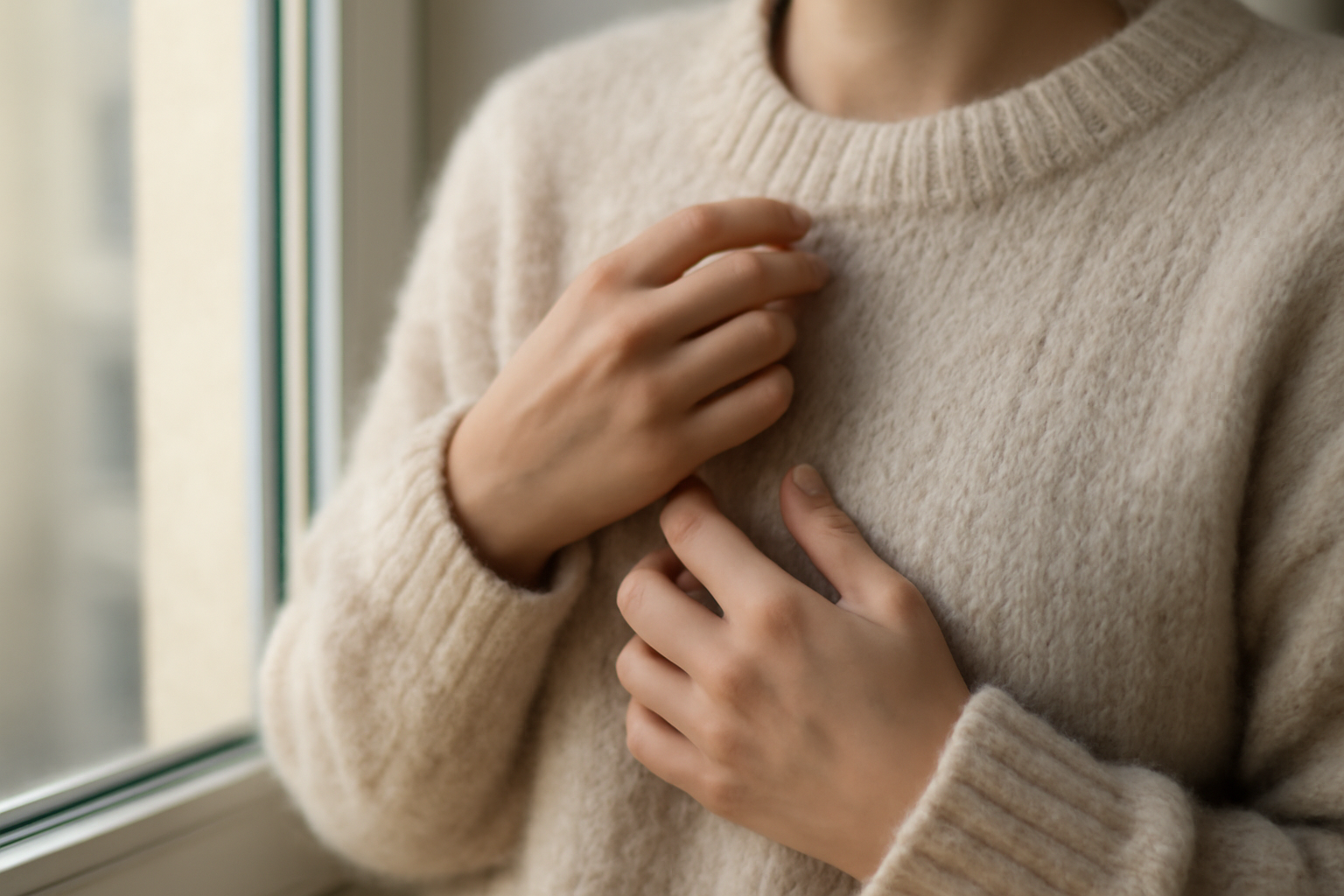personne touchant une maille douce près d'une fenêtre