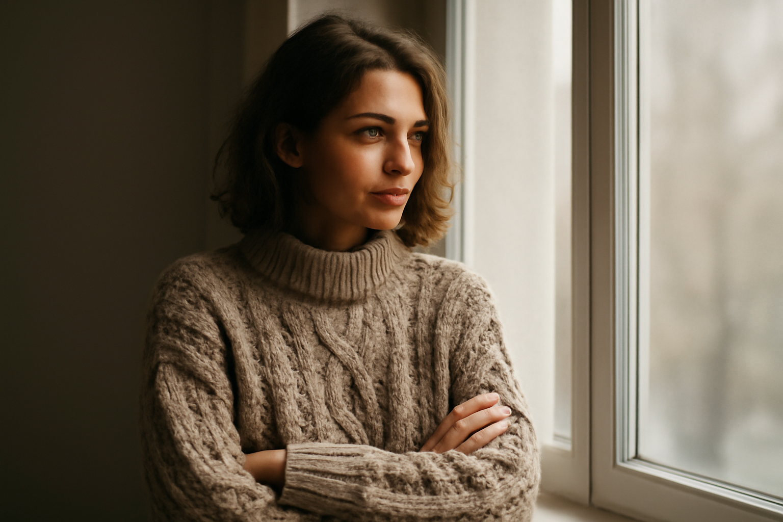 personne portant un pull épais près d'une fenêtre