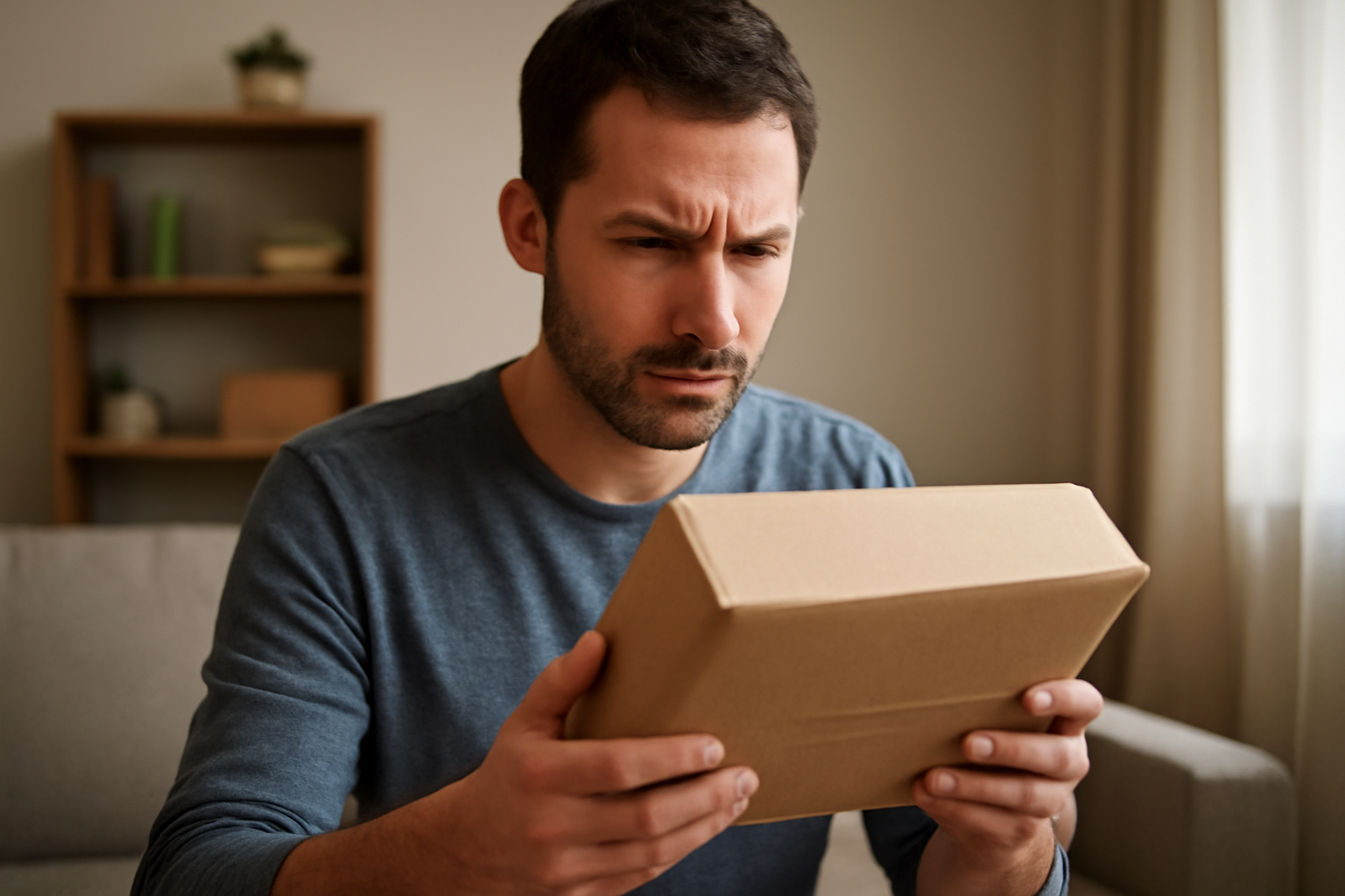 personne regardant paquet non ouvert chez soi