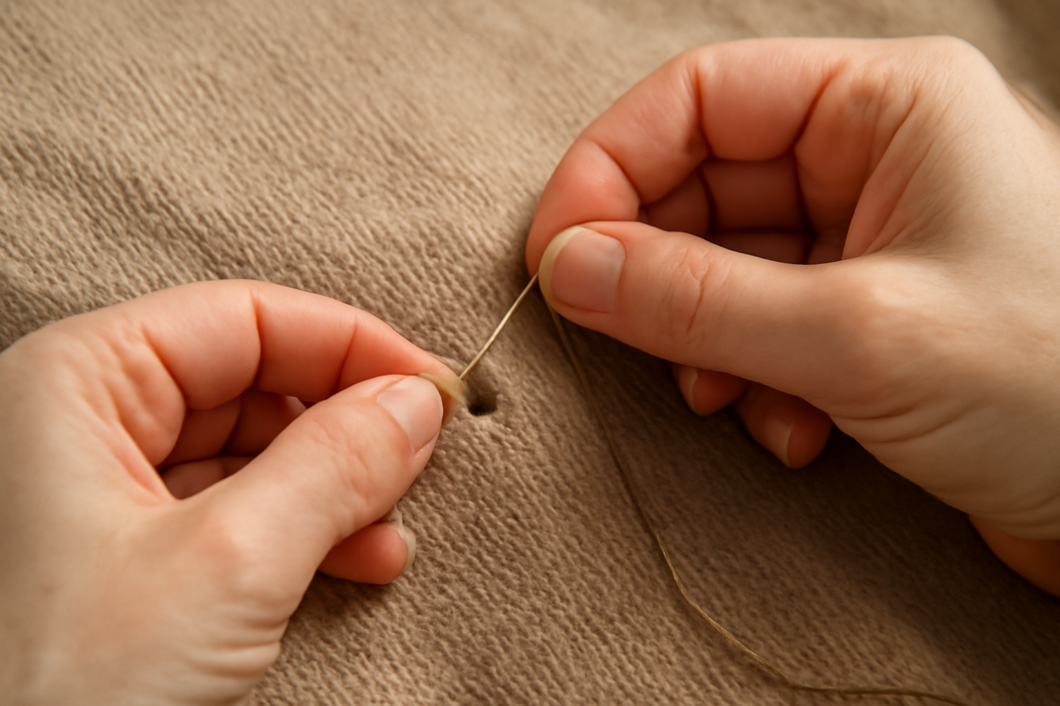 main recousant un petit trou sur un pull