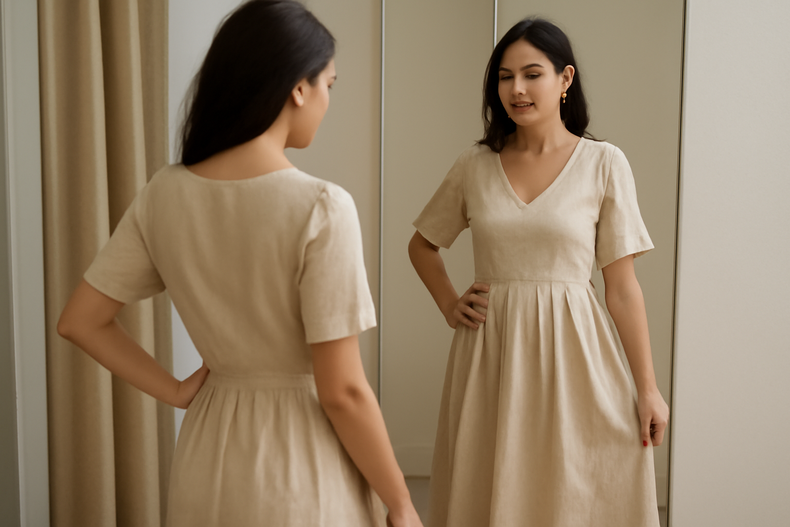 femme essayant une robe midi devant miroir