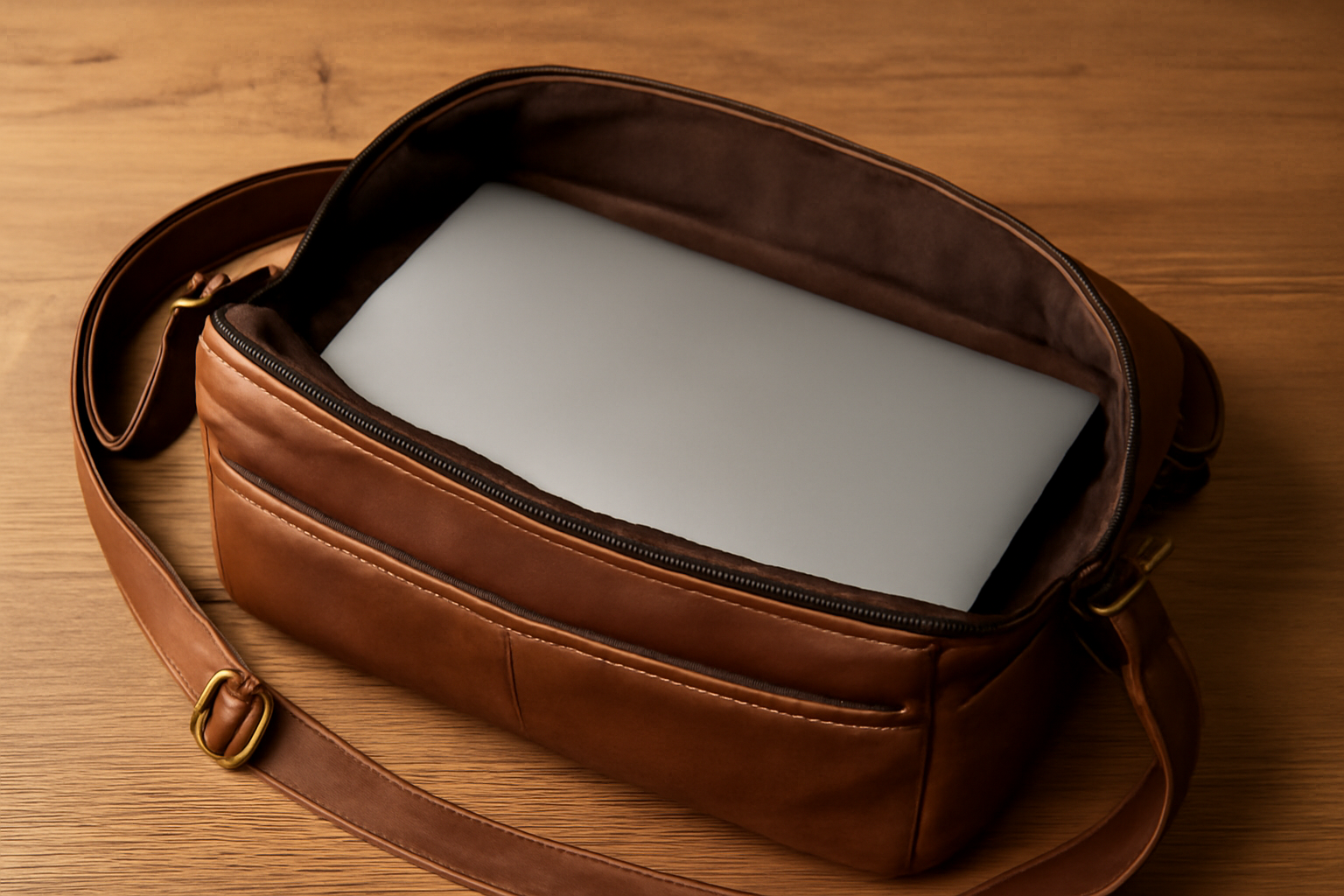 sac bandoulière ouvert avec ordinateur posé