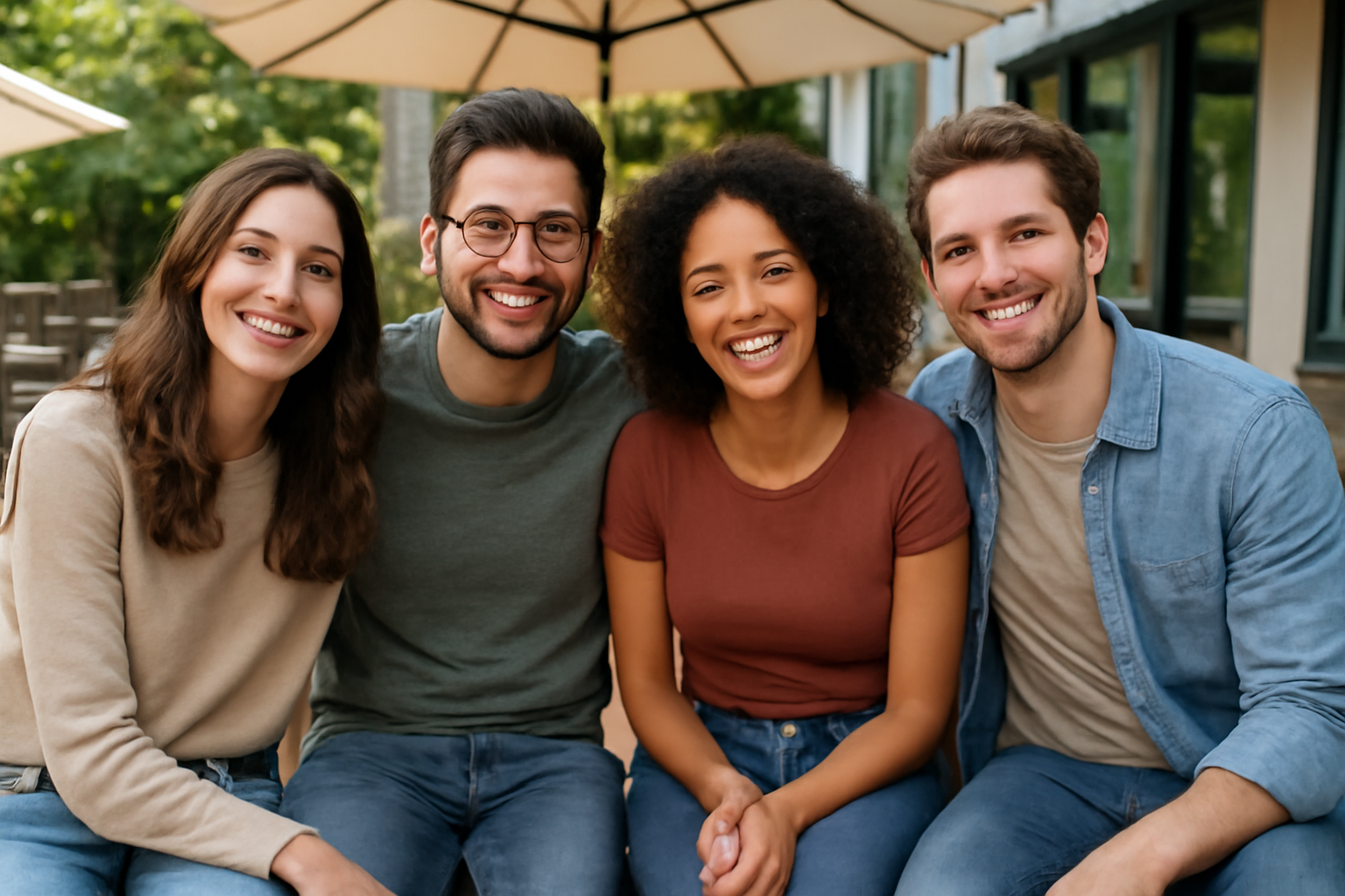groupe d'amis vêtus casual en terrasse