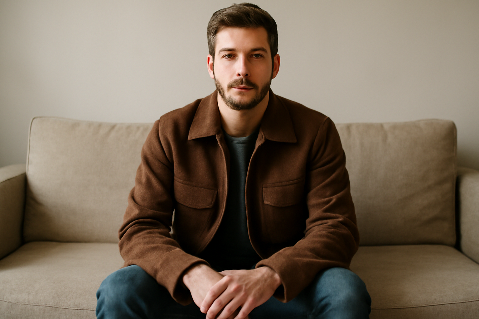 personne assise sur canapé en veste